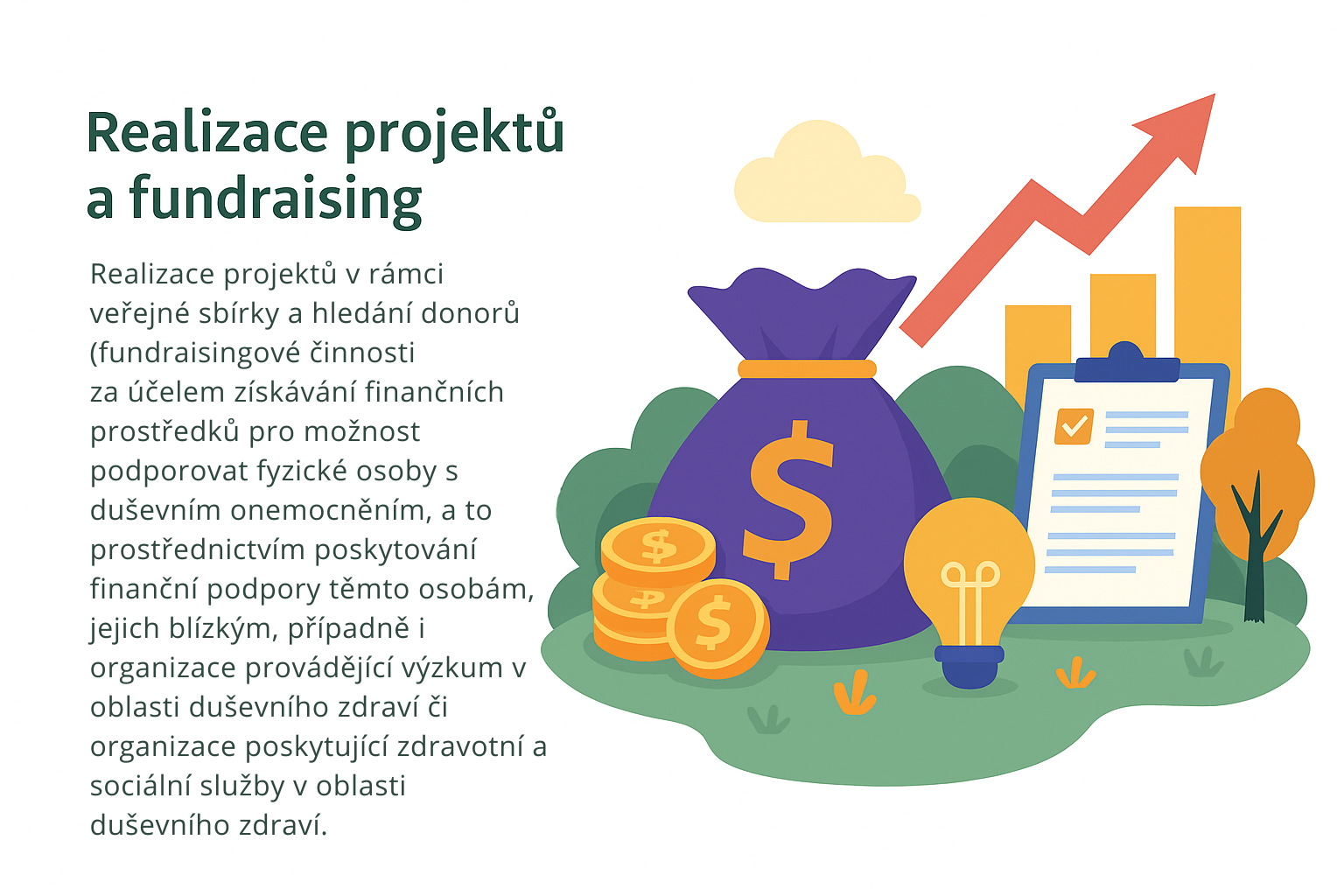 Realizace projektu v ramci verejne sbirky a hledani donoru (fundraisingove cinnosti za ucelem ziskavani financnich prostredku pro moznost podporovat fyzicke osoby s dusevnim onemocnenim, a to pros